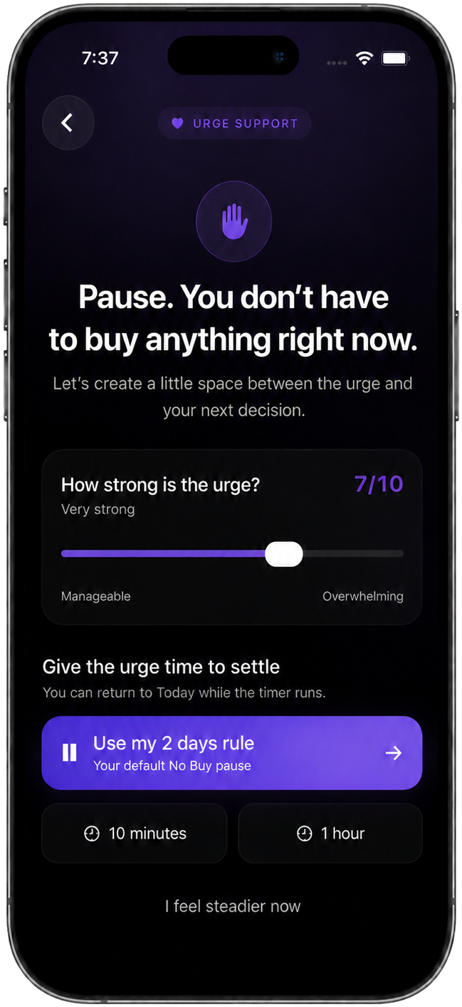 No Buy Urge Support showing a 7 out of 10 urge and quick reset choices